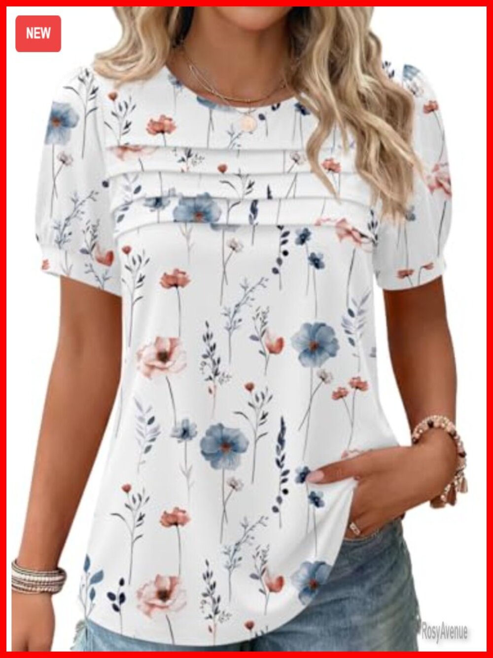 Women's Floral Pleated Tunic Blouse Short Sleeve Boho Summer Top